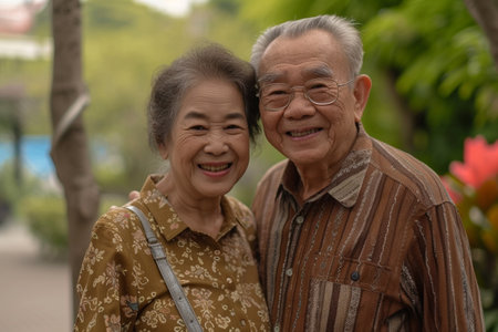 Happy asian senior couple in the park. Retirement lifestyle concept.の素材