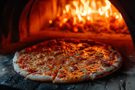 Hot pizza in the oven. Pizza in the oven. Close-up.の素材
