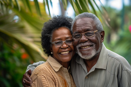 portrait of senior african american couple embracing each other outdoorsの素材