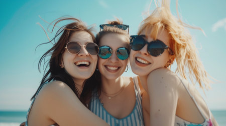Portrait of three young women in sunglasses having fun on the beachの素材