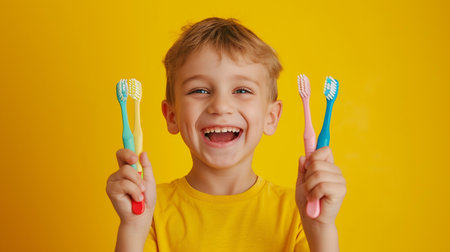 Cute little boy with toothbrushes on a yellow background.の素材