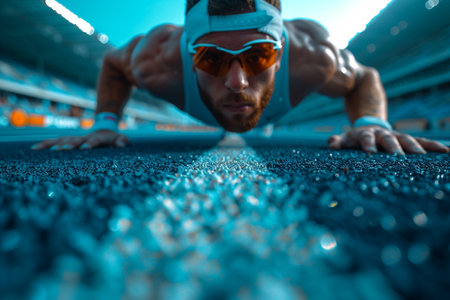 Portrait of a male swimmer at the start of the race.の素材