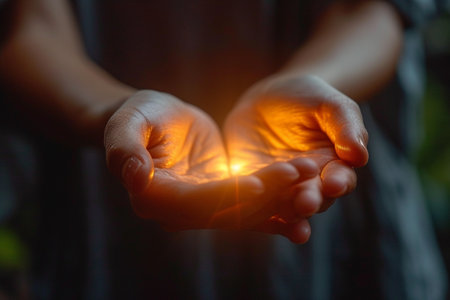 Woman hands holding a glowing light in the dark. Close up shotの素材