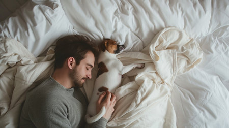 Young man sleeping with jack russell terrier dog in bedの素材