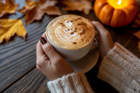 Female hands holding cup of coffee with autumn leaves and pumpkin on wooden backgroundの素材