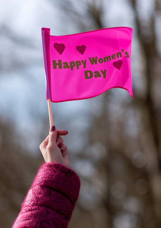 Valentine's Day concept. Woman holding a pink flag with the inscription Happy Women's Dayの素材
