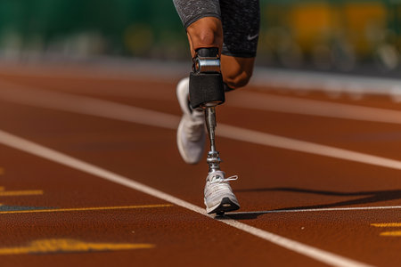 Runner with prosthetic leg on the running track. Close-upの素材