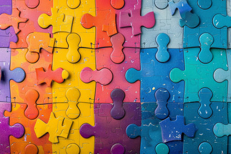 Colorful jigsaw puzzle pieces as a metaphor for teamwork and cooperationの素材