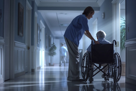 Nurse assisting senior patient in wheelchair at hospital corridor. Medical healthcare and doctor service.の素材