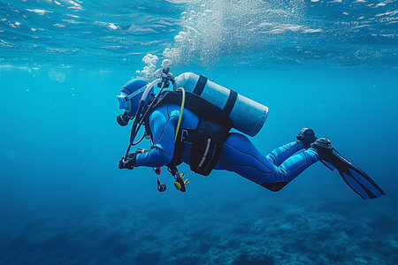 Underwater scuba diver swimming in blue ocean. 3d renderingの素材