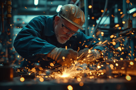 Industrial worker working in a metallurgical plant. He is wearing safety glasses and protective clothing.の素材