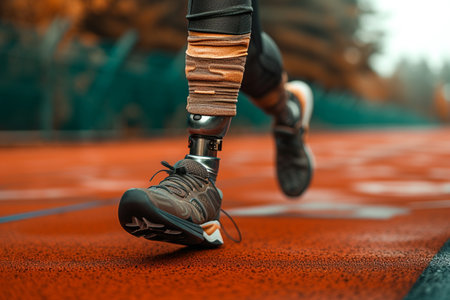 Close up of male legs running on red running track. Sport and healthy lifestyle concept.の素材