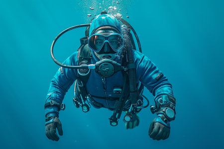 Scuba diver in deep blue sea with scuba gear and maskの素材