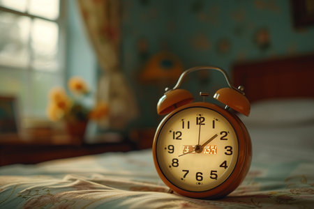 Alarm clock on a bed in the morning. Selective focus.の素材