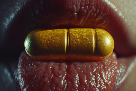 Close-up of golden pill on woman lips. Concept of healthy lifestyle.の素材