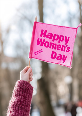 Happy Women's Day card with hand holding pink placard in the parkの素材