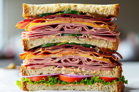 sandwich with ham, cheese and vegetables on a white background.の素材