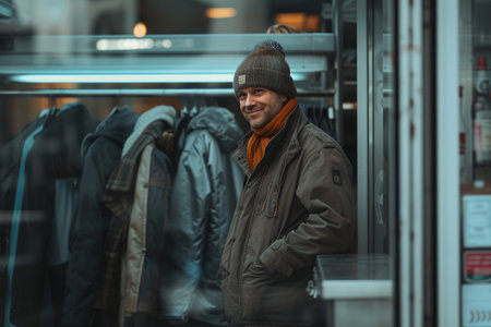 Handsome young man in a winter jacket and hat in the cityの素材