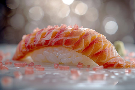 sushi on the table in a restaurant with a beautiful bokehの素材