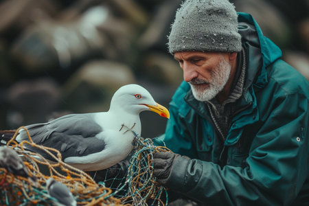 Portrait of a senior man fishing with his seagull.の素材
