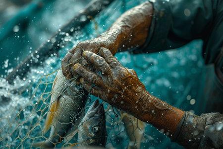 Fisherman's hands holding a freshly caught fish on a fishing netの素材