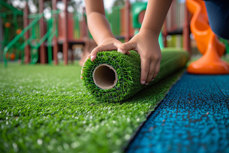 Close-up of child's hand holding green grass carpet on playgroundの素材