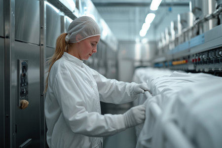Young female factory worker in white overalls and white hat working on conveyor belt in factoryの素材