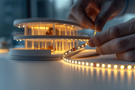 Close-up of a man's hand taking a photo of a model of a house with led stripの素材