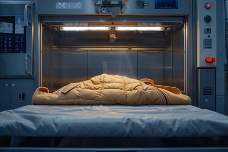 Hospital bed in ICU room with medical equipment. nobody insideの素材