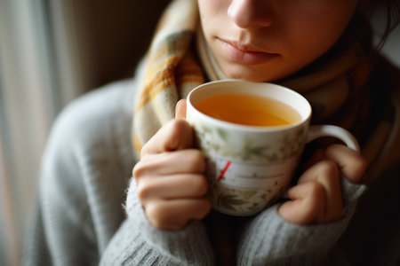 Young woman with cup of hot tea at home in winter, closeupの素材