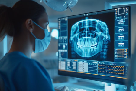 dentist looking at x-ray on computer monitor in clinicの素材