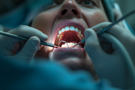 Dentist examining patient's teeth at dental clinic. Dentistry concept.の素材