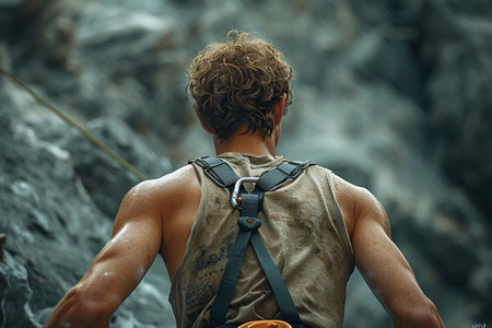 Back view of strong man climber climbing on a rocky wall.の素材