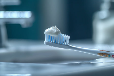 Toothbrush with toothpaste in dental clinic. Dentistry concept.の素材