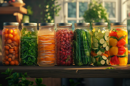 Jars with different kinds of fresh vegetables on wooden shelf in kitchenの素材