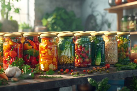 Jars with variety of pickled vegetables on wooden table in kitchenの素材