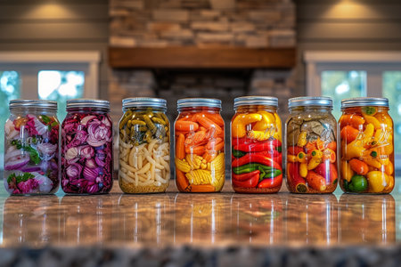 Glass jars with variety of pickled vegetables on wooden table in kitchenの素材