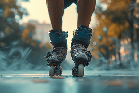 Closeup of roller skates on legs of young man skating in the parkの素材