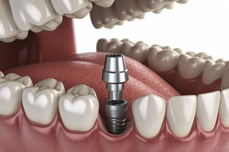 Dental tooth implant with dental crowns. 3D illustration.の素材