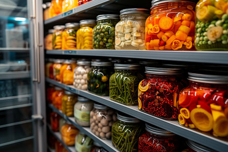 Glass jars with variety of pickled vegetables on shelves in grocery storeの素材