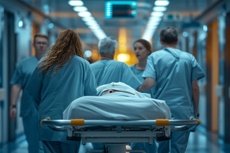 Group of surgeons and nurses operating patient on stretcher in emergency roomの素材