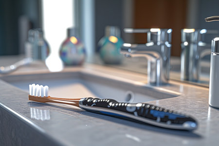 Toothbrush and toothpaste in the bathroom. 3d renderingの素材