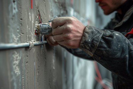 Close-up of electrician's hands installing electrical outlet on the wallの素材