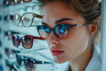 Close-up portrait of beautiful young woman choosing eyeglasses in optical storeの素材