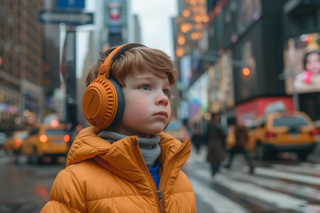 Cute little boy with headphones listening to music in New York Cityの素材