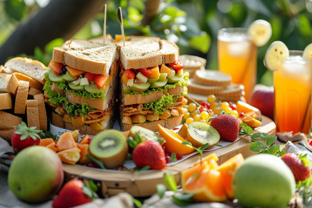Sandwiches with fresh fruits and vegetables on the table in the gardenの素材