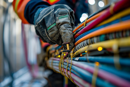 Electrician working with cables in electrical substation, close-upの素材