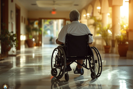 Rear view of a senior woman in a wheelchair in hospital.の素材
