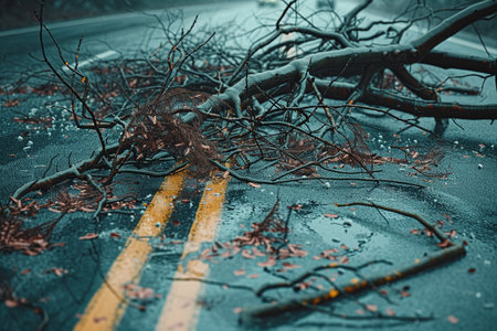 Wet asphalt road with fallen trees and yellow line on the side.の素材