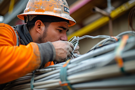 Foto de electrician in helmet and orange uniform working with electric cable in power plant - Imagen libre de derechos